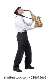 Saxophone Player In White Shirt. Isolated On White Background