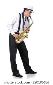 Saxophone Player In White Shirt. Isolated On White Background