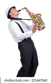 Saxophone Player In White Shirt. Isolated On White Background