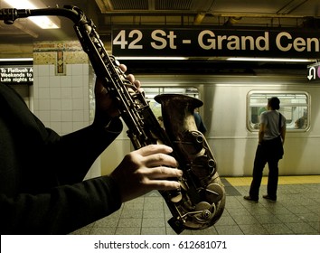 Saxophone Playing With A New York City Subway Background