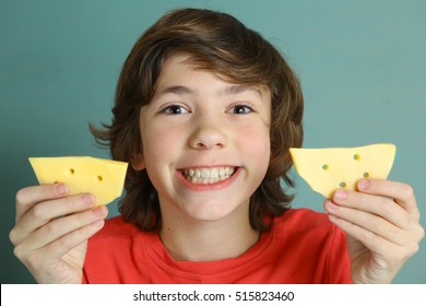 say cheese smile  preteen boy with two cheese slices close up photo with white strong teeth - Shutterstock ID 515823460