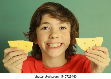 say cheese smile preteen boy with two cheese slices close up photo with white strong teeth - Shutterstock ID 540728443