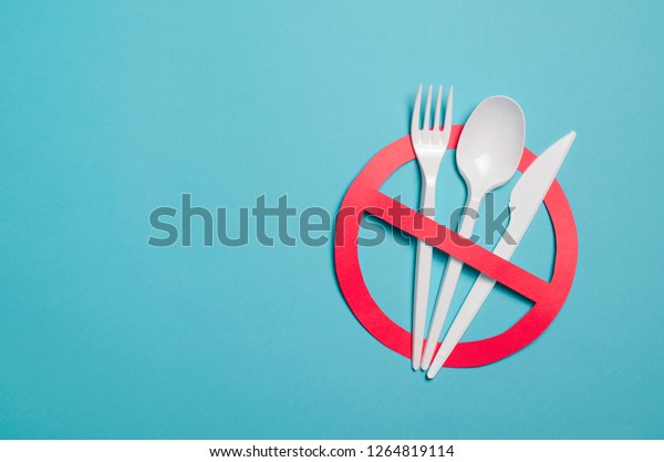 Say No to Plastic Cutlery,\
Plastic Pollution and Environmental Protection Concept, Top\
View
