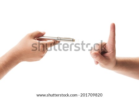 Saying NO to electronic cigarette concept on white background