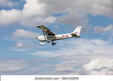 SAZENA, CZECH REP -July, 11, 2020. Cessna 172S Skyhawk SP registration OK-FCB, flying above the Sazena Airport in Czech Republic