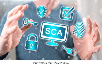 Sca concept between hands of a man in background