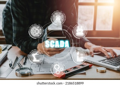 SCADA Supervisory Control And Data Acquisition Technology Concept, Woman Hand Typing On Keyboard Computer With SCADA Icon On Virtual Screen.