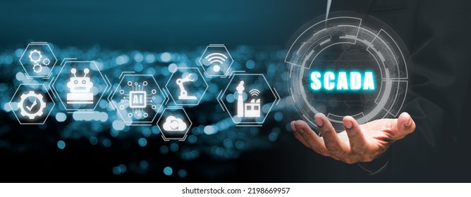 SCADA Supervisory Control And Data Acquisition Technology Concept, Person Hand Holding On SCADA Icon On Virtual Screen.