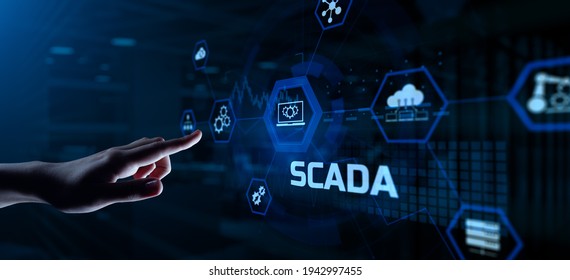 SCADA System Supervisory Control And Data Acquisition Technology Concept. Hand Pressing Button.