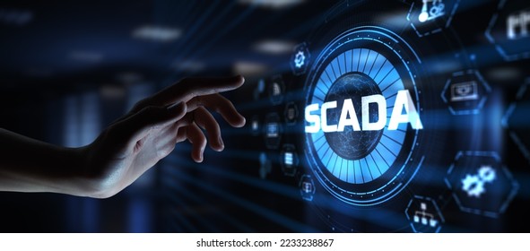 SCADA system Supervisory Control And Data Acquisition technology concept. Hand pressing button. - Shutterstock ID 2233238867