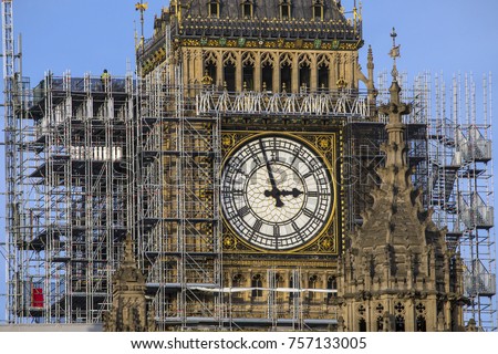 Scaffolding around the Elizabeth Tower, more commonly known as Big Ben, during the extensive restoration and repairs of the Houses of Parliament.