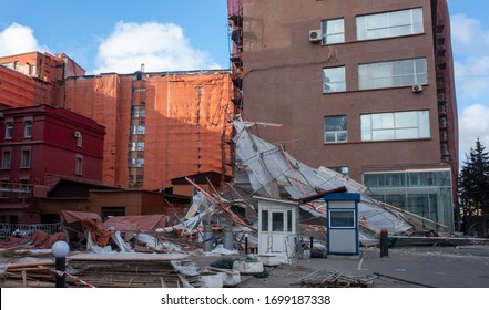 Scaffolding Collapsed From A Strong Wind Near A Reconstructed Multi-storey Building In The City Center.