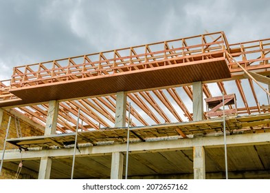 Scaffolding And Formwork For The Construction Of The Roof Of The House.