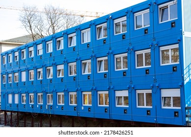 Scaffolding, Reconstruction, Building Site, Blue Residential Containers From A Construction Side