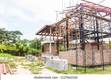 Scaffolding Wood Small Building Construction Installation Stock Photo ...