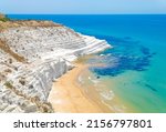 Scala dei Turchi (Italy) - The very famous white rocky cliff on the coast in the municipality of Porto Empedocle, province of Agrigento, Sicily, with beatiful golden beach and blue sea.