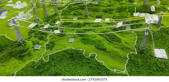 Scale model of an electrical grid across green terrain with hills and valleys, featuring multiple transmission towers, yellow cables, and small industrial structures connected by thin white lines. Conceptual visualization of power and communication networks.