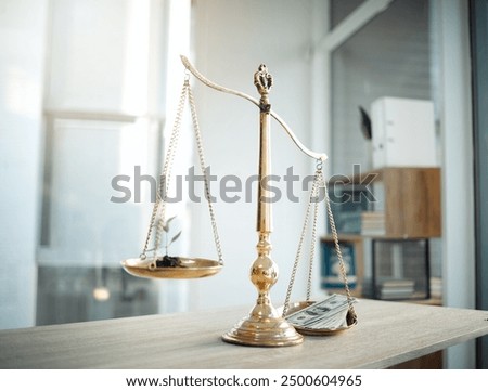 Scale, plant and justice issue with corruption, bribe and money at court against eco friendly and sustainability law. Courtroom, bribery and legal decision with profit from climate change case