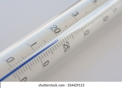 The scale of the vintage thermometer with blue liquid pillar