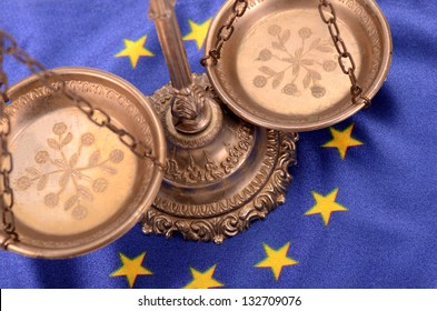 Scales Of Justice And Flag Of European Union , European Union Law Concept