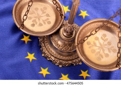 Scales Of Justice And Flag Of European Union , European Union Law Concept.