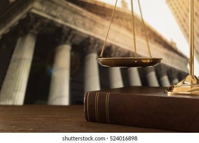 Scales Of Justice On Law Books With Court Government Background. Concept Of Justice, Legal, Jurisprudence.