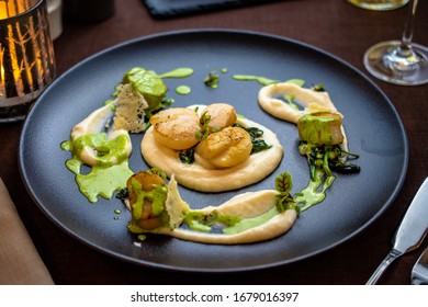 Scallops With Potato Purée And Green Sauce, With Cooked Spinach