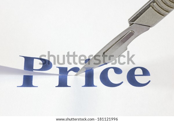 A scalpel cutting through the word Price.\
Concept denoting a cut in price to encourage more spending or due\
to a poor economic\
performance.