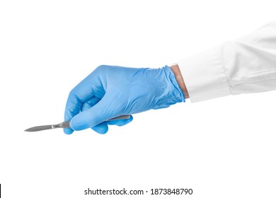 Scalpel In Doctor Hand Isolated On White Background