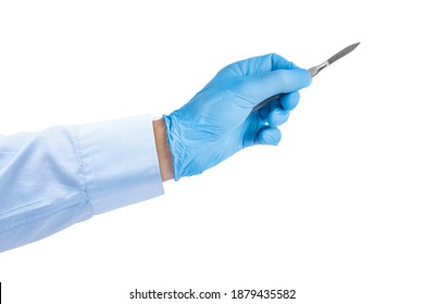 Scalpel In Doctor Hand Isolated On White Background