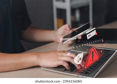 Scam alert, software warning fraud, cyber security. Hacker detection cyber attack on computer network, virus, spyware, malware, malicious software and cybercrime, online website. Protect information
