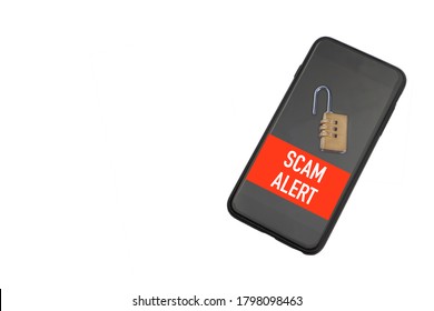 SCAM ALERT Text On Smartphone Or Mobile Phone Over White Background. Business And Copy Space Concept