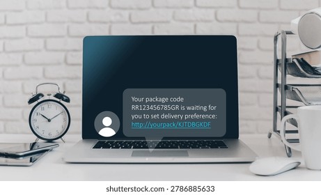 Scam message about package code received on a computer screen with a clock on a desk