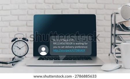 Scam message about package code received on a computer screen with a clock on a desk