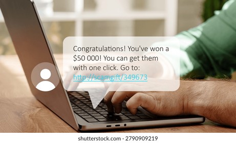 Scam message alerts user of a supposed lottery win while using a laptop