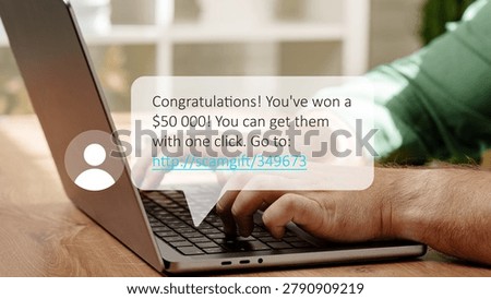 Scam message alerts user of a supposed lottery win while using a laptop