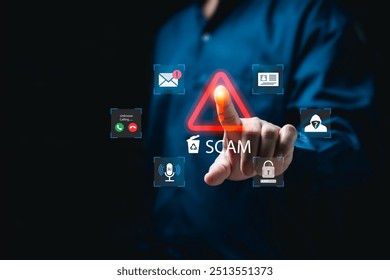 Scam Protection concept, Hacker, Fraudulent online, Scammers, Businessmen delete scams to prevent Theft, reduce risk, Personal Data, AI calls, Email, credit card, Personal ID, SMS Fake, Internet link - Powered by Shutterstock - Get 15% off with code: PIKWIZARD15