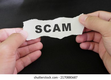 Scammed Victim Concept. Hand Holding A Piece Of Paper With Word Scam In Dark Black Background.