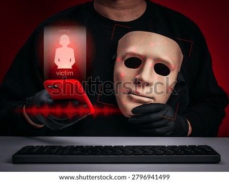 Scammer using AI deepfake technology with fake face and voice cloning through smartphone to deceive victims. AI impersonation, scam calls, phishing attacks, online fraud and cybercrime threats.