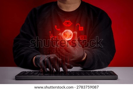 Scammer using computer, AI technology to tricks, holding glass globe showing phishing, data breach, identity theft and online scam icons. Global cyber fraud risk and network security threats concept.