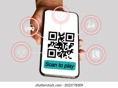 Scan Code pay, Closeup of a hand holding smart phone, and scanning code. Man hand paying with scan code, Business and Technology concept.