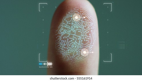 scan fingerprint biometric identity and approval. concept of the future of security and password control through fingerprints in an advanced technological future and cybernetic