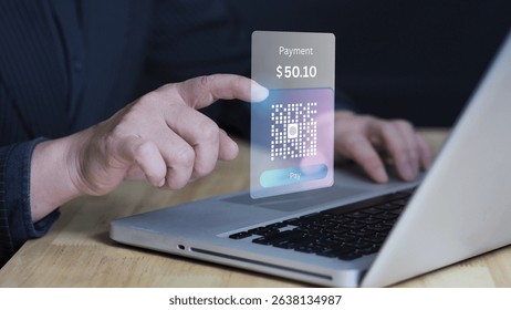 Scan to pay, mobile payment app digital Wallet. Concept of retail financial technology.Female hand holding smartphone in department store with QR code payment Businessman using computer