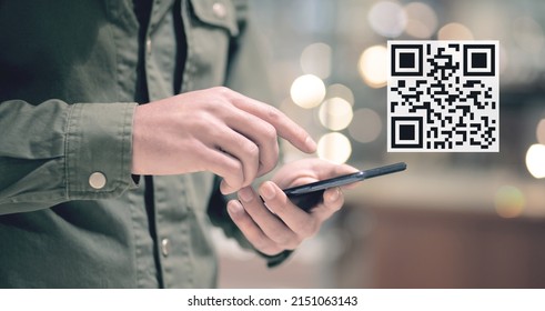 Scan QR code icon. Digital scanning qr code. man tapping on phone screen