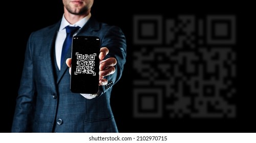 Scan qrcode. Digital mobile smart phone with qr code scanner on smartphone screen for payment, online pay, scan barcode technology man holding. Retail shop accepted digital pay without money.