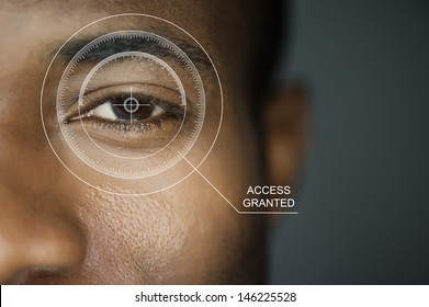 Scan for security or identification. Eye with scanner and computer interface