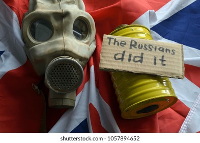 The Scandal About Poisoning Of Former Spy Sergei Skripal. Concept. British Flag Background.March 29, 2018 In Kiev,Ukraine