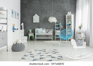 Scandi Style, Spacious Child Room With Cot, Bookshelf And Dresser