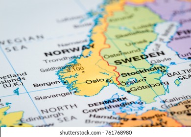 Scandinavia on  a world map with Oslo, Norway in focus