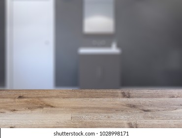 Scandinavian bathroom, classic  vintage interior design.  Empty wooden table. - Shutterstock ID 1028998171
